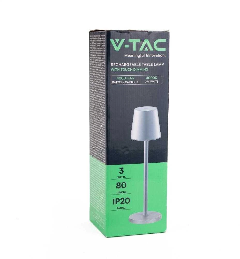 V-tac 3W LED įkraunamas stalo šviestuvas, pilkas, 4000K, dimeriuojamas