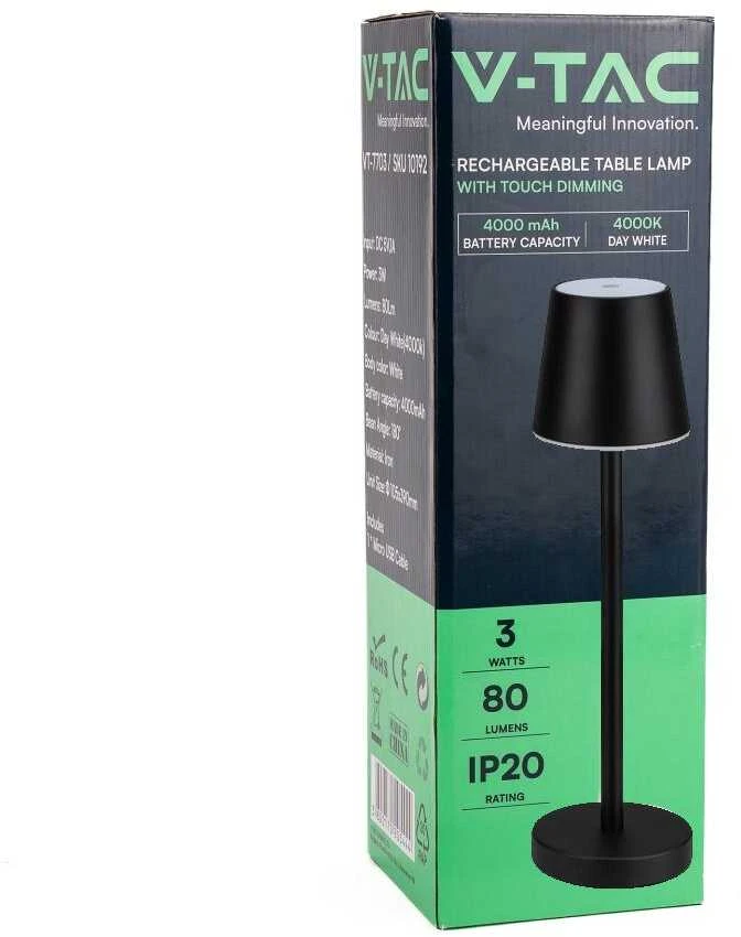 V-tac 3W LED įkraunamas stalo šviestuvas, juodas, 4000K, dimeriuojamas