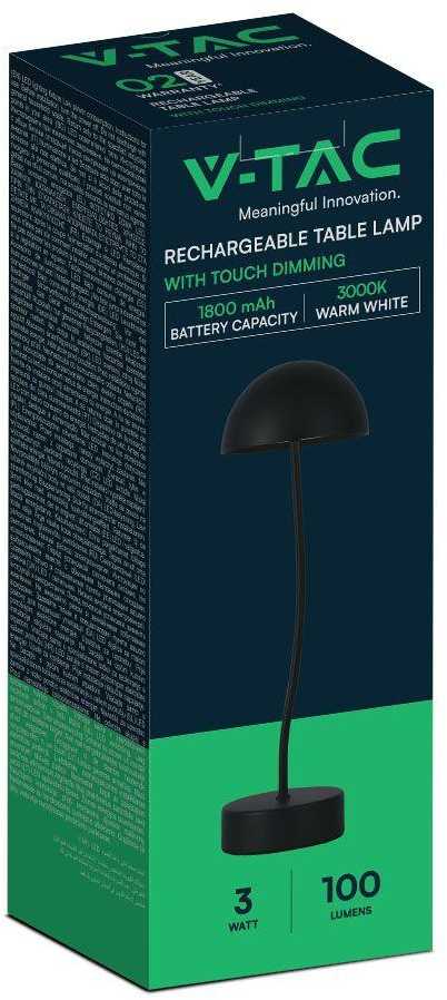V-tac 3W LED įkraunamas stalo šviestuvas, juodas, 3000K, dimeriuojamas