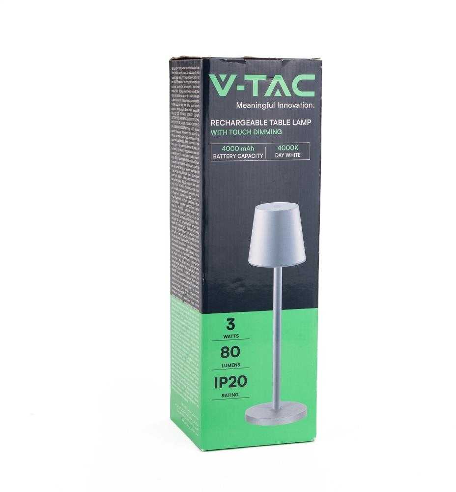 V-tac 3W LED įkraunamas stalo šviestuvas, pilkas, 3000K, dimeriuojamas