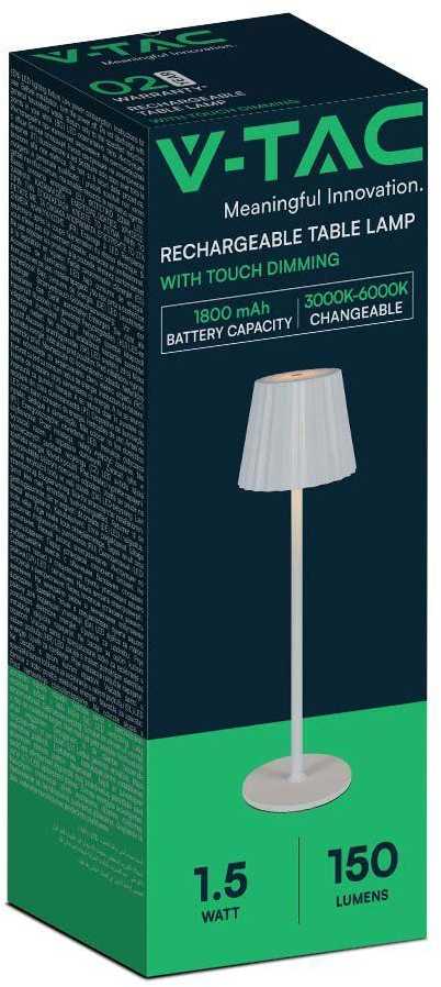 V-tac 1,5W LED įkraunamas stalo šviestuvas, baltas, 3000-6000K, dimeriuojamas