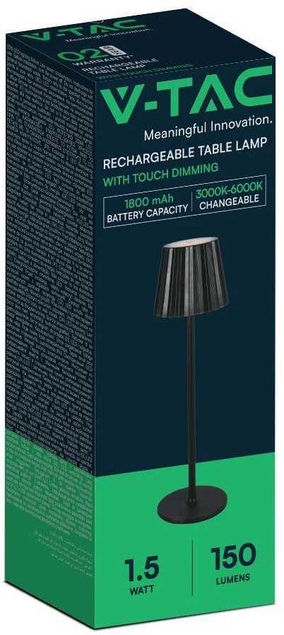 V-tac 1,5W LED įkraunamas stalo šviestuvas, juodas, 3000-6000K, dimeriuojamas