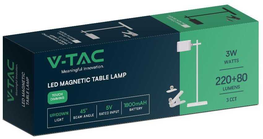 V-tac 3W LED įkraunamas stalo šviestuvas, baltas, 3000-6000K, dimeriuojamas