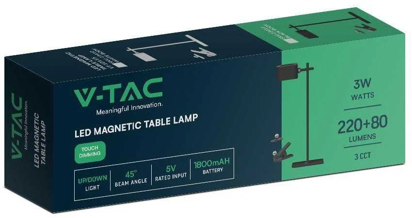 V-tac 3W LED įkraunamas stalo šviestuvas, juodas, 3000-6000K, dimeriuojamas