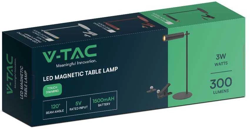 V-tac 3W LED įkraunamas magnetinis stalinis/sieninis šviestuvas, juodas, 4000K, dimeriuojamas