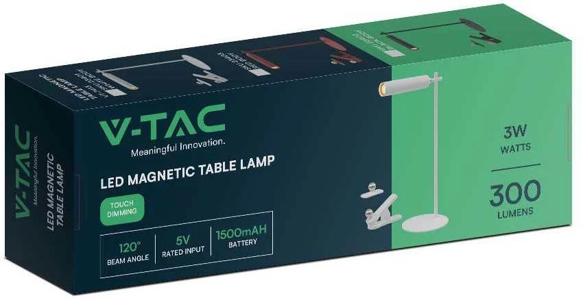 V-tac 3W LED įkraunamas magnetinis stalinis/sieninis šviestuvas, baltas, 4000K, dimeriuojamas