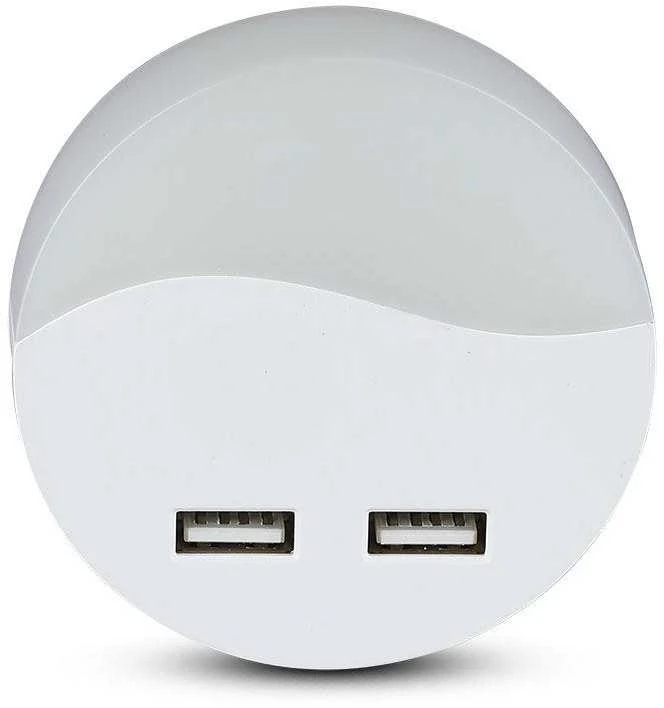 Sieninis šviestuvas 0.5W naktinis šviestuvas V-TAC, 3000K (šiltai balta) su 2xUSB lizdais, apvalus, SAMSUNG LED chip