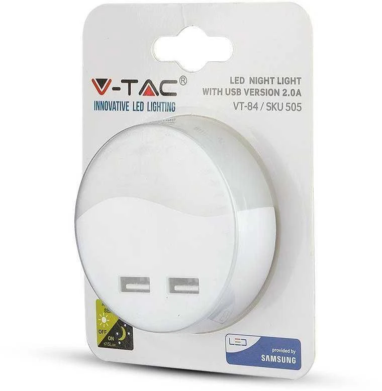 Sieninis šviestuvas 0.5W naktinis šviestuvas V-TAC, 3000K (šiltai balta) su 2xUSB lizdais, apvalus, SAMSUNG LED chip