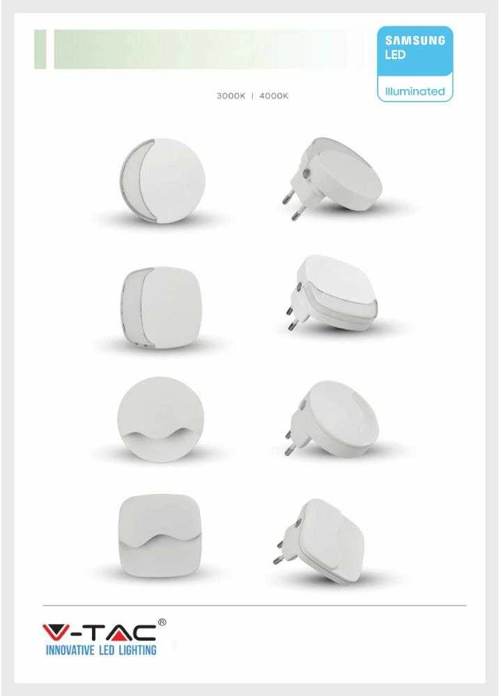 Sieninis šviestuvas 0.5W naktinis šviestuvas V-TAC, 3000K (šiltai balta) su 2xUSB lizdais, apvalus, SAMSUNG LED chip