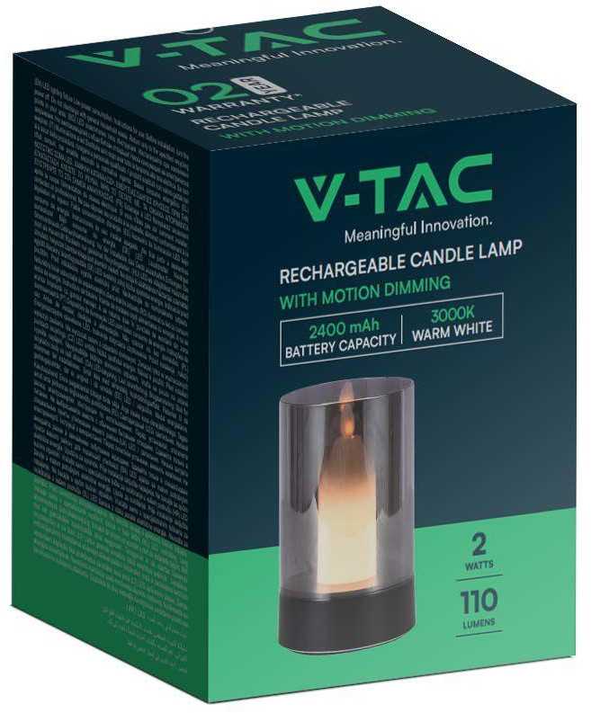 V-tac 2W LED stalo šviestuvas - žvakė, juodos/dūmų sp., 3000K, įkraunamas, dimeriuojamas