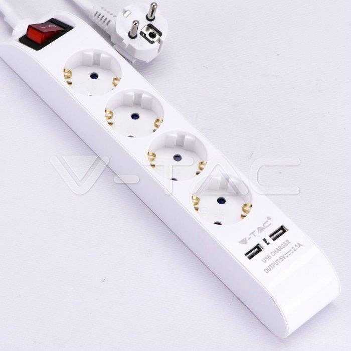 Ilgintuvas 4-vietis V-TAC, 2 usb jungtys, baltos spalvos, šviečiantis įjungimo mygtukas