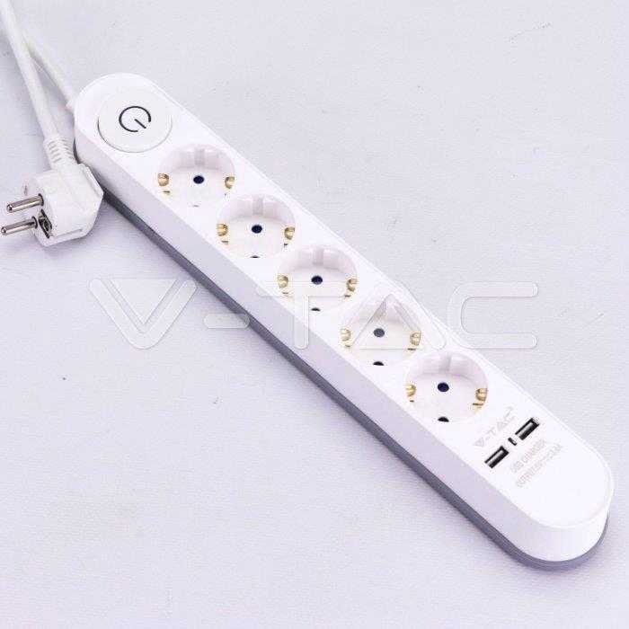 Ilgintuvas 5-vietis V-TAC, 2 usb jungtys, baltos spalvos, šviečiantis įjungimo mygtukas