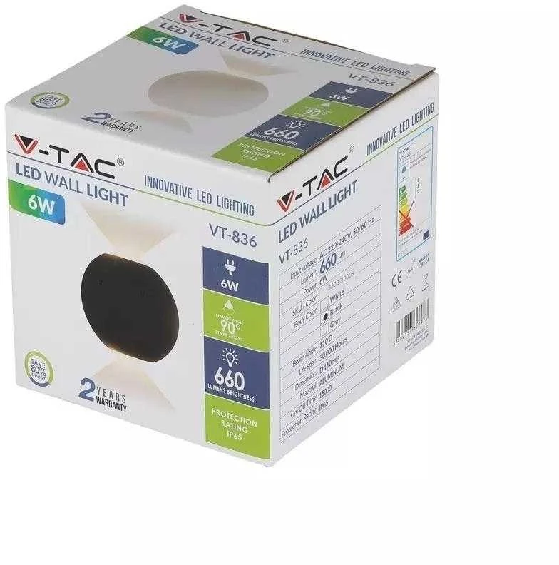 Sieninis šviestuvas V-tac 6W sieninis lauko šviestuvas, IP65, juodu korpusu, apvalus, 3000K