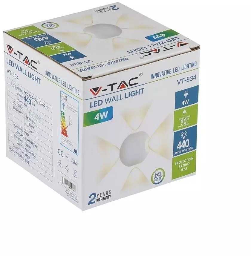 V-tac 4W sieninis šviestuvas, apvalus, IP65, baltu korpusu, 3000K