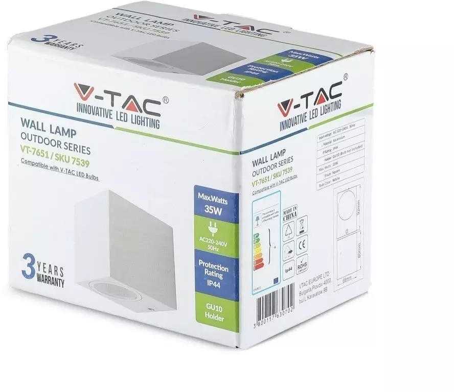 Sieninis šviestuvas Sieninis lauko šviestuvas V-TAC, IP44, GU10, baltas, kvadratinis, šviečia viena kryptim