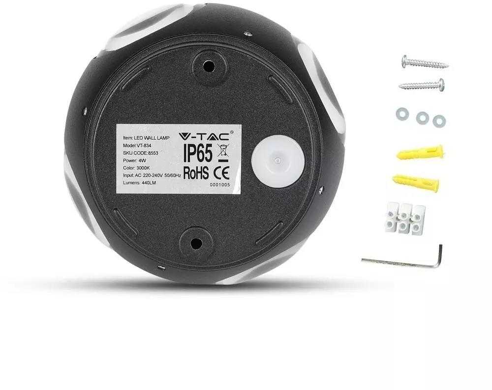 4W sieninis šviestuvas, apvalus, IP65, juodu korpusu, 4000K (natūraliai balta)