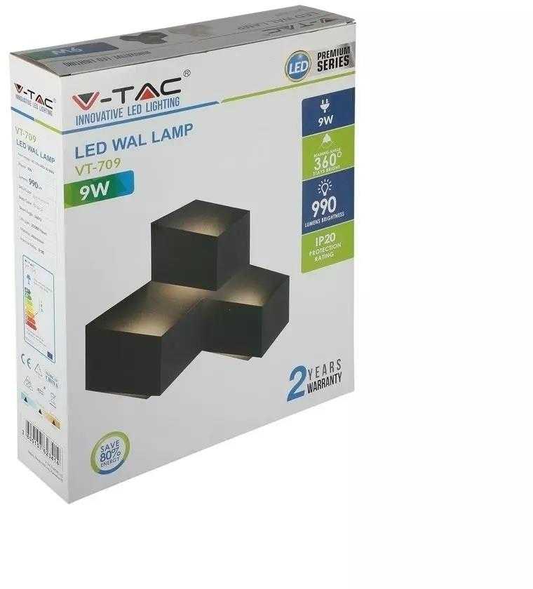 9W LED sieninis šviestuvas V-TAC, juodas, 3000K (šiltai balta)