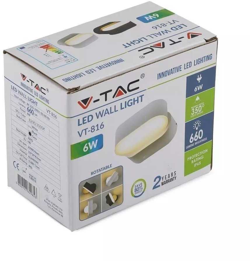 Sieninis šviestuvas 6W sieninis lauko šviestuvas V-TAC, IP65, pilku korpusu, šviesos kampas : 350°, 4000K (natūraliai balta)
