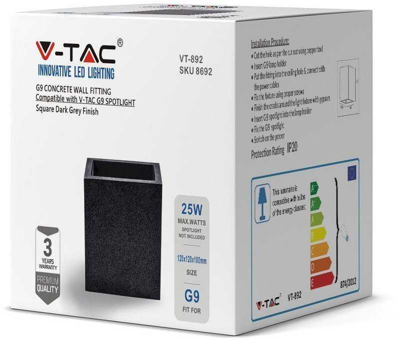 LED sieninis šviestuvas V-TAC, G9, kvadratinis, tamsiai pilkas, betoninis