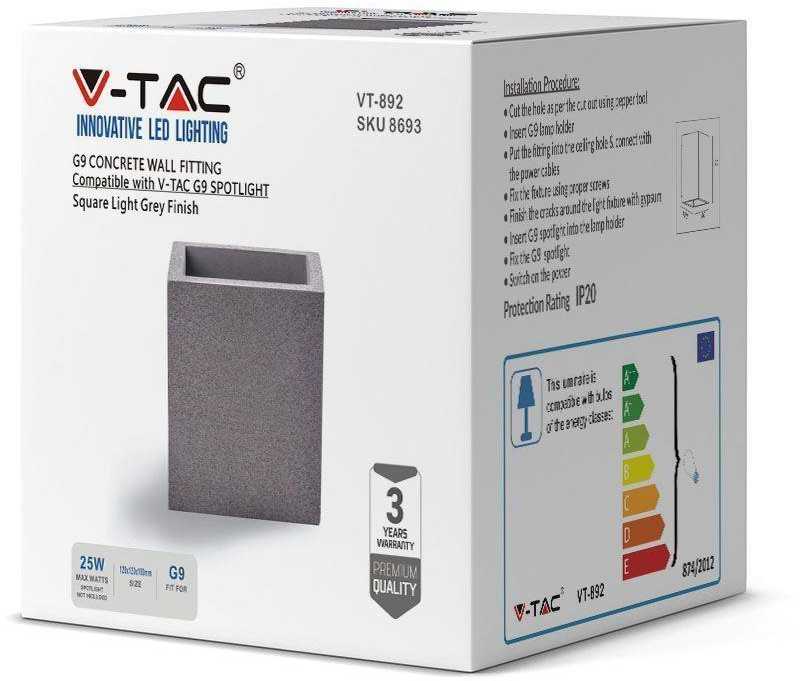 LED sieninis šviestuvas V-TAC, G9, kvadratinis, šviesiai pilkas, betoninis