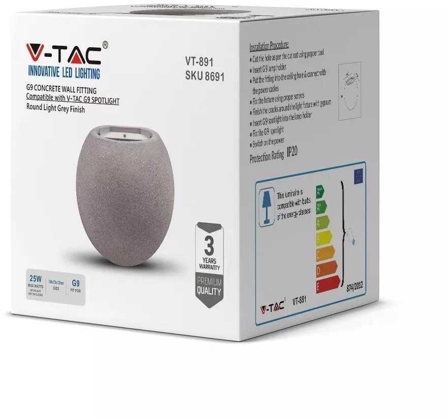 LED sieninis šviestuvas V-TAC, G9, apvalus, šviesiai pilkas, betoninis