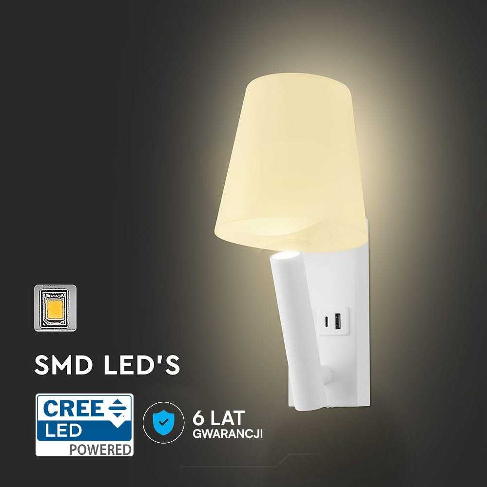 V-tac 2W LED sieninis šviestuvas, baltas, 3000K, CREE LED chip, su USB/PD jungtimi