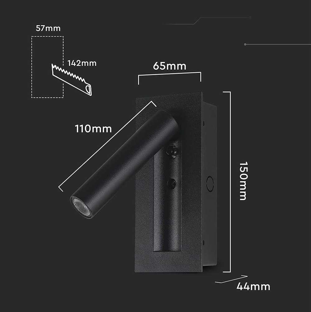 V-tac 2W LED įleidžiamo montavimo sieninis šviestuvas, juodas, 3000K, CREE LED chip