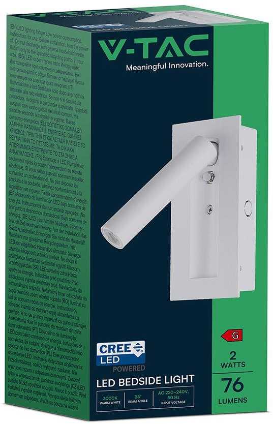 V-tac 2W LED įleidžiamo montavimo sieninis šviestuvas, baltas, 3000K, CREE LED chip