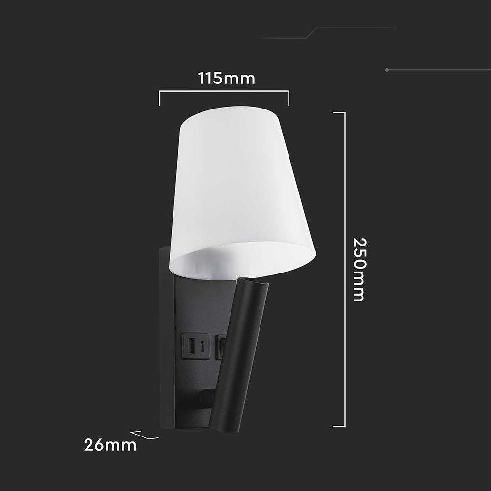V-tac 2W LED sieninis šviestuvas, juodos/baltos sp., 3000K, CREE LED chip, su USB/PD jungtimi