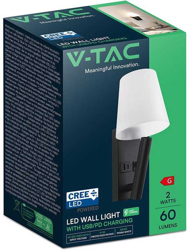 V-tac 2W LED sieninis šviestuvas, juodos/baltos sp., 3000K, CREE LED chip, su USB/PD jungtimi