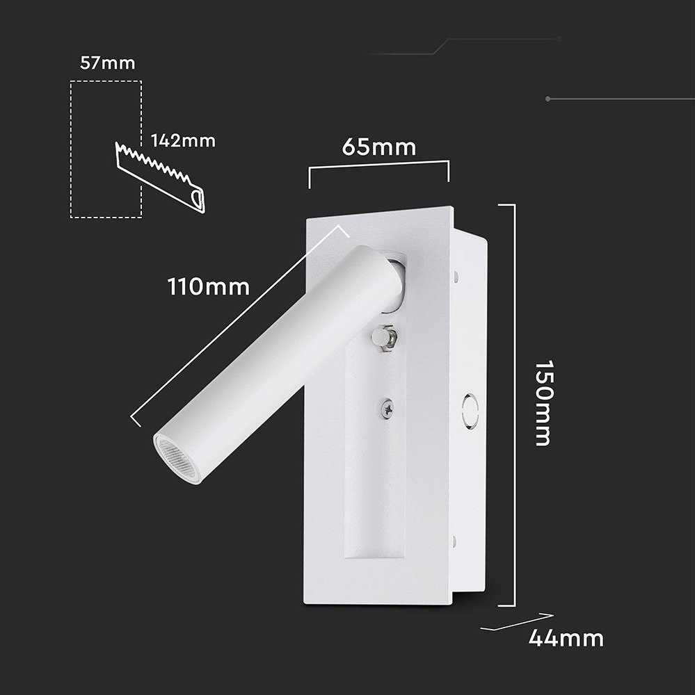 V-tac 2W LED įleidžiamo montavimo sieninis šviestuvas, baltas, 3000K, CREE LED chip