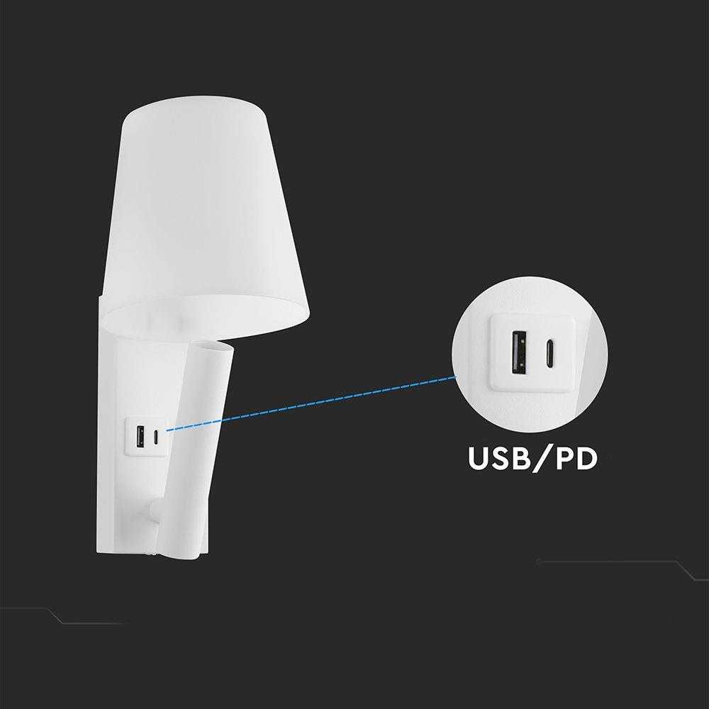 V-tac 2W LED sieninis šviestuvas, baltas, 3000K, CREE LED chip, su USB/PD jungtimi