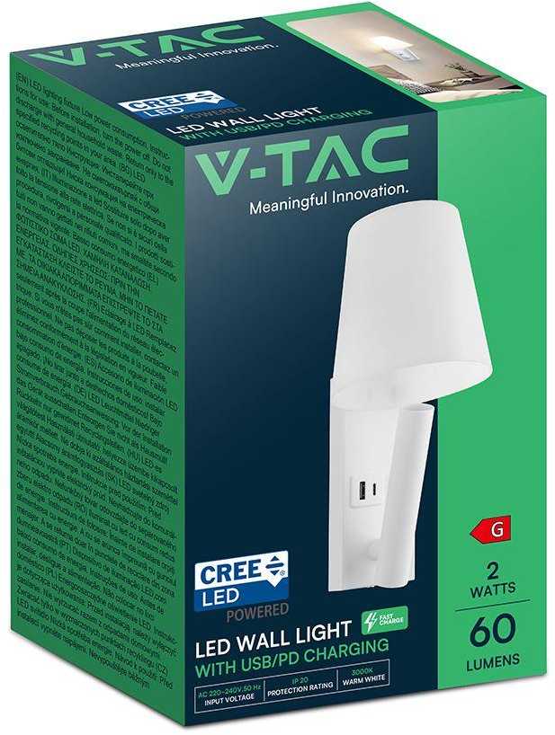 V-tac 2W LED sieninis šviestuvas, baltas, 3000K, CREE LED chip, su USB/PD jungtimi
