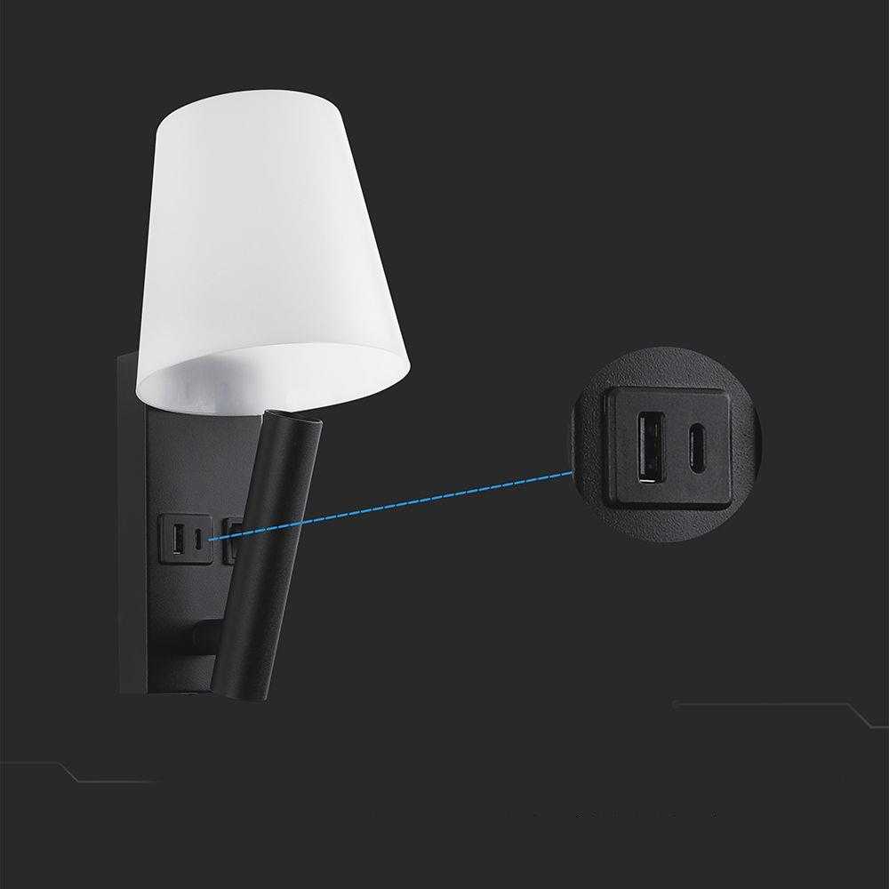 V-tac 2W LED sieninis šviestuvas, juodos/baltos sp., 3000K, CREE LED chip, su USB/PD jungtimi