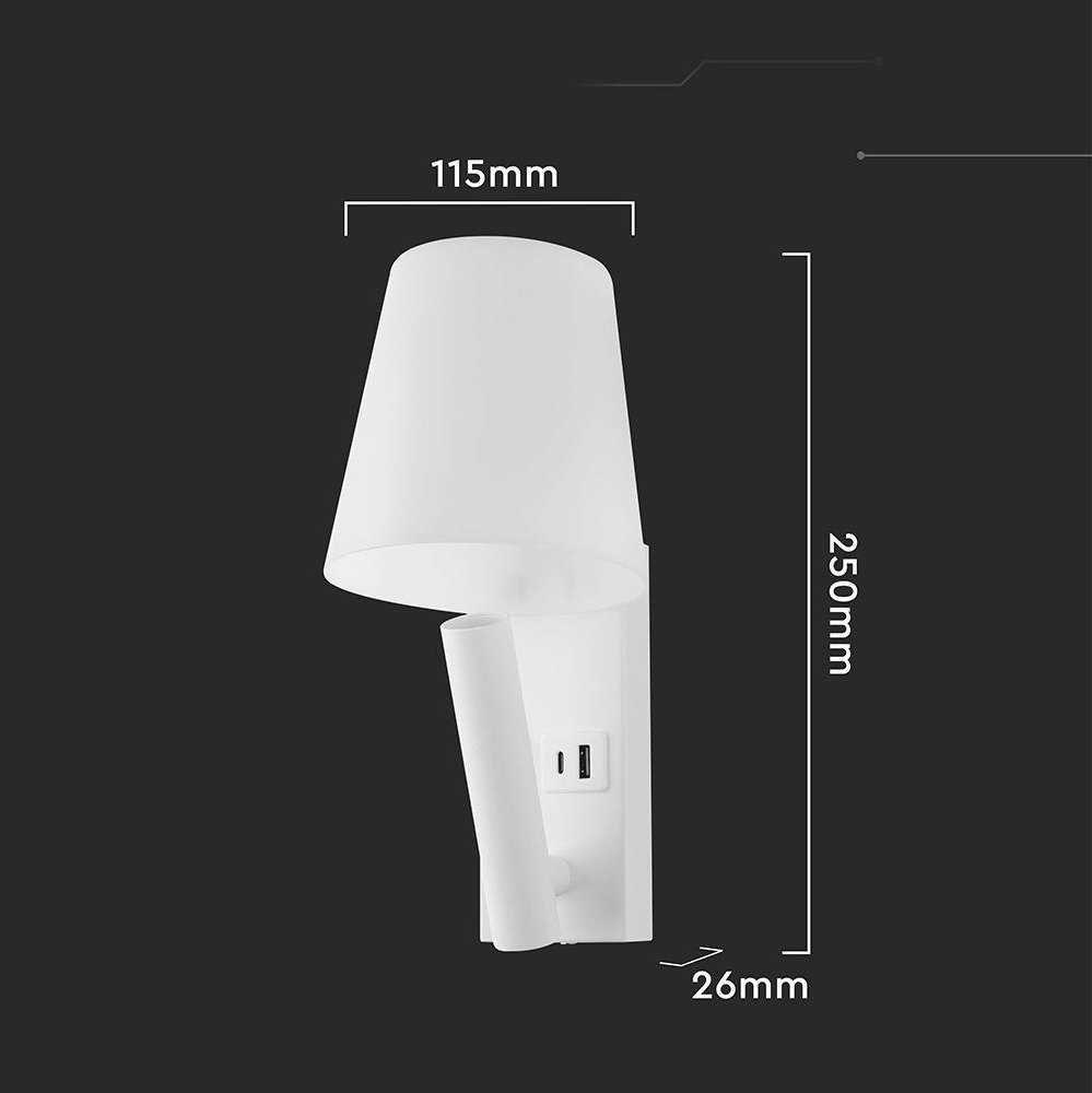 V-tac 2W LED sieninis šviestuvas, baltas, 3000K, CREE LED chip, su USB/PD jungtimi