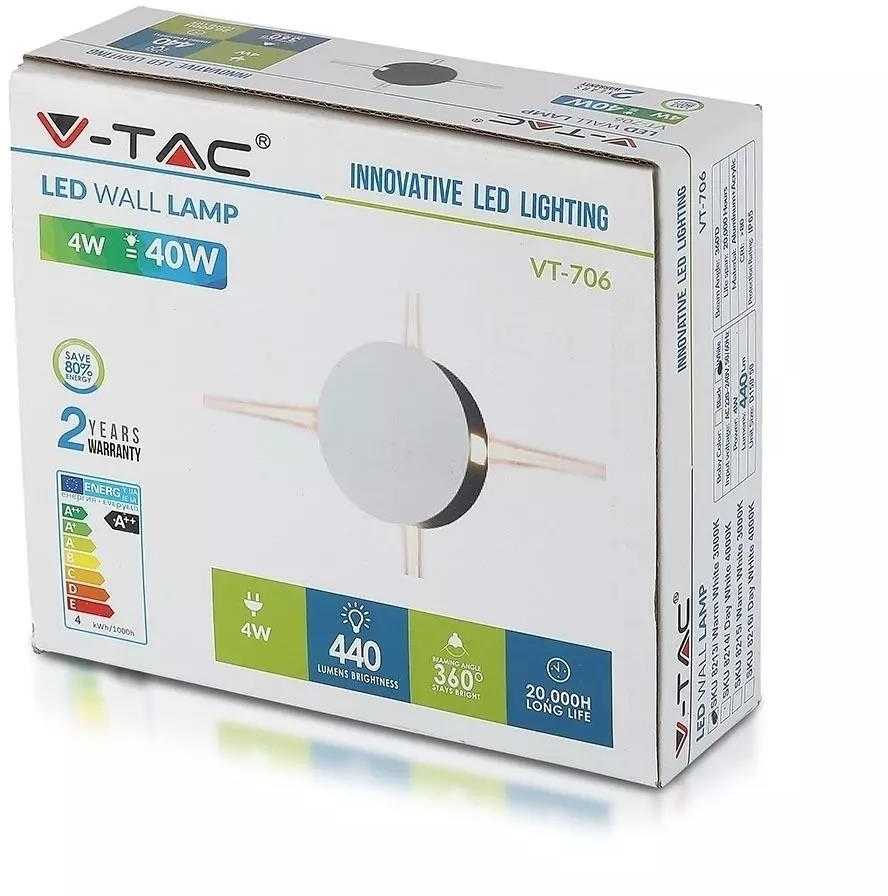 V-tac 4W LED sieninis šviestuvas, apvalus, baltas, IP65, 3000K