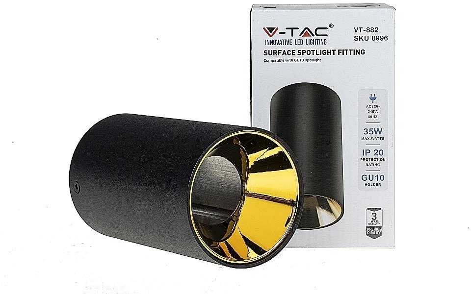 Lubinis šviestuvas GU10 lemputės rėmelis V-TAC, juodas su aukso spalvos vidumi, aukštis 14cm