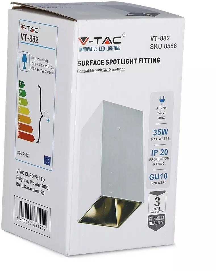 Lubinis šviestuvas V-tac GU10 lemputės rėmelis, kvadratinis, baltos/auksinės spalvos