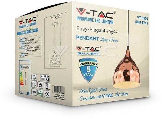 V-tac Pakabinamas šviestuvas, E27, Ø230, šviestuvo spalva: rožinė aukso