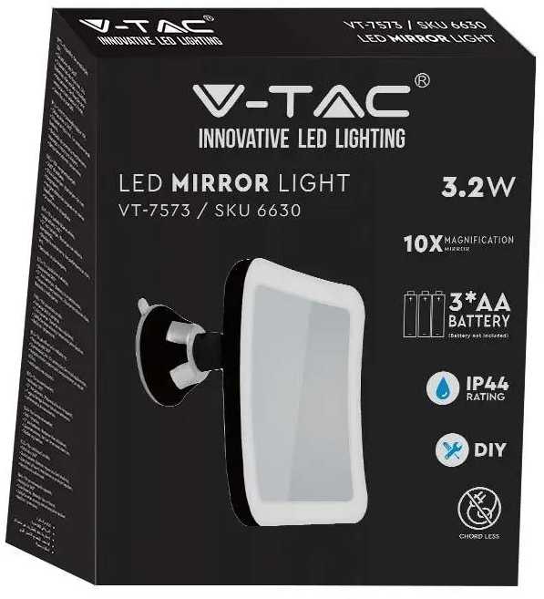 3W stalinis LED veidrodis V-TAC, 6400K, su baterijomis (parduodamos atskirai), su padidinamuoju stiklu, juodas