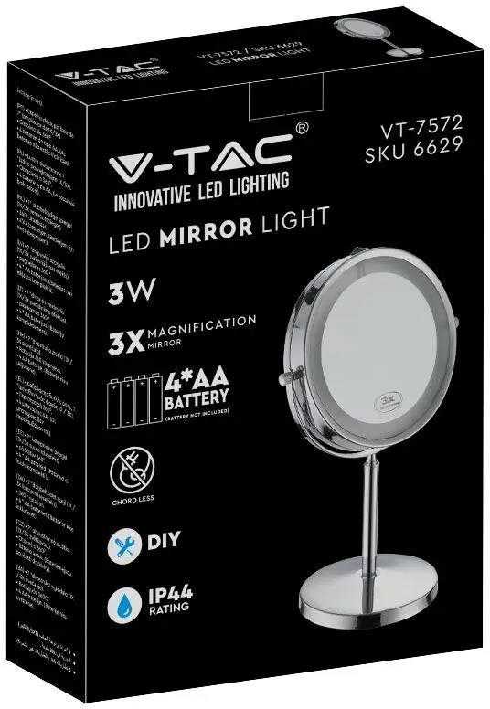 Sieninis šviestuvas V-tac 3W pastatomas šviestuvas su veidrodžiu, chromo sp., 6400K, su baterija