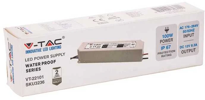 100W Maitinimo šaltinis V-TAC, 12V, 8A, plastikiniu korpusu, IP67