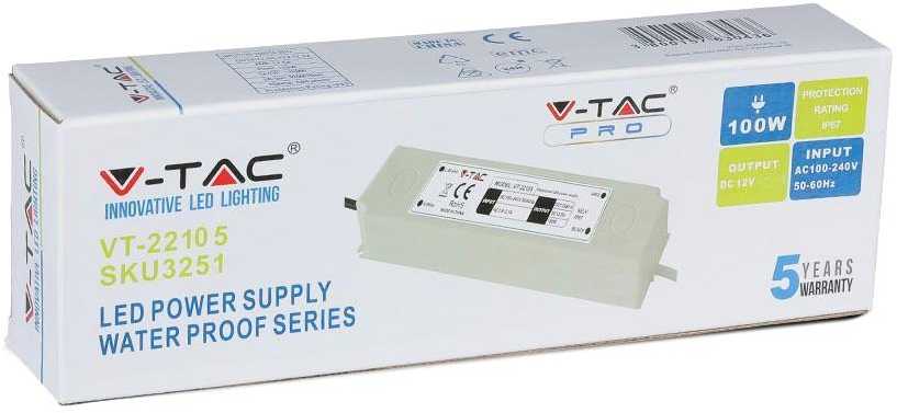 100W SLIM maitinimo šaltinis V-TAC, 12V, plastikiniu korpusu, IP67