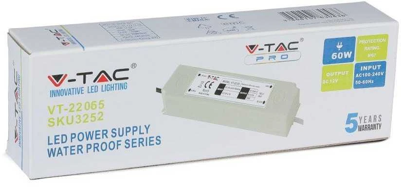 V-tac 60W SLIM maitinimo šaltinis, 12V, plastikiniu korpusu, IP67
