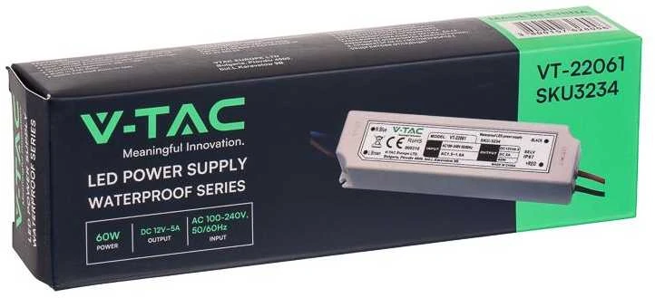 60W Maitinimo šaltinis V-TAC, 12V, 5A, plastikiniu korpusu, IP67