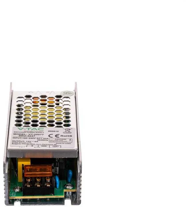 75W Maitinimo šaltinis V-TAC, 12V, 6A, metaliniu korpusu, IP20