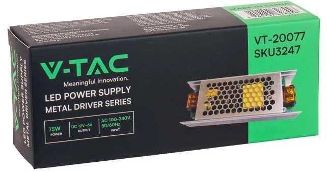 75W Maitinimo šaltinis V-TAC, 12V, 6A, metaliniu korpusu, IP20