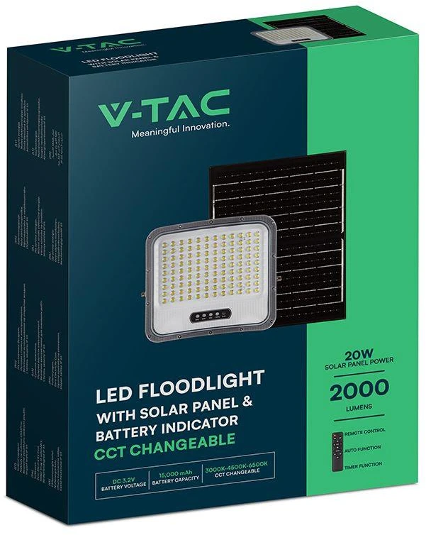 20W LED prožektorius su saulės baterija, juodas, 3000/4500/6500K, dimeriuojamas