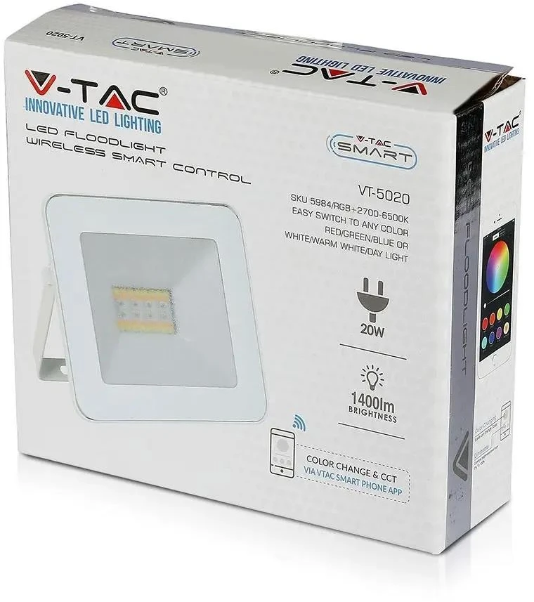 20W LED bluetooth prožektorius V-TAC, baltas, keičia spalvas RGB+3000K/4000K/6400K