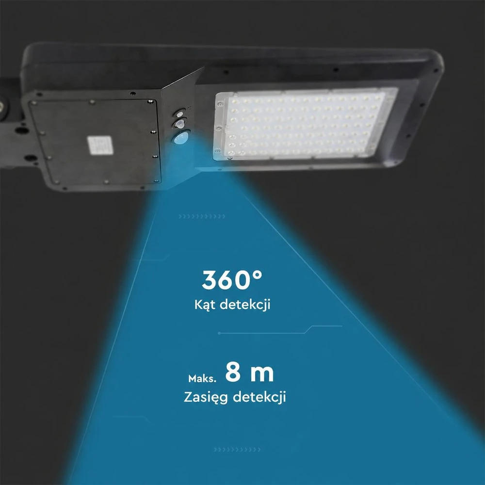 40W gatvės šviestuvas V-TAC su judesio davikliu, 6000K, IP65, su saulės baterija, juodas